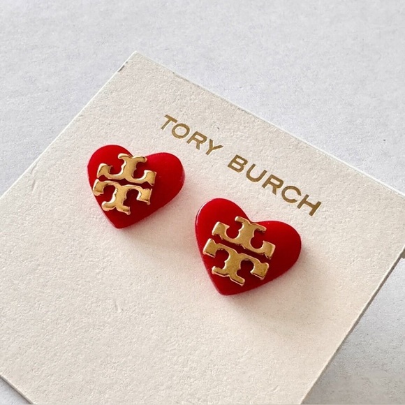 Tory Burch Logo Heart Stud Earrings, Red And Yellow Gold Colors. New! - Picture 1 of 6